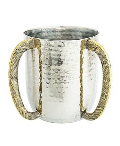 Classic Touch Stainless Steel Hammered Wash Cup With Gold Embossed Handles
