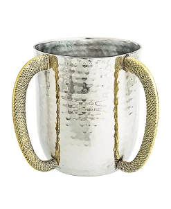 Classic Touch Stainless Steel Hammered Wash Cup With Gold Embossed Handles