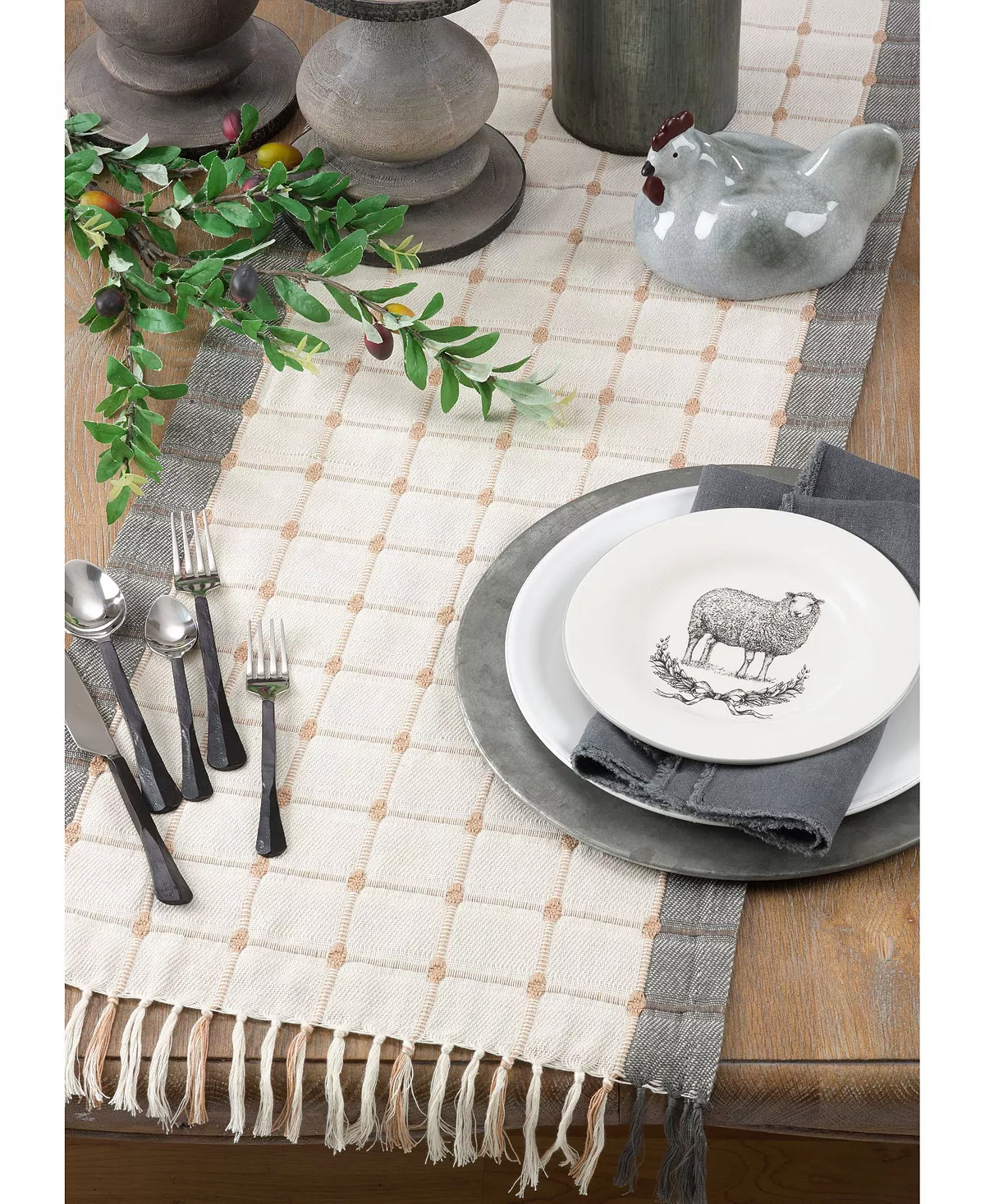 Saro Lifestyle Woven Windowpane And Tassel Design Cotton Table Runner - Image 3