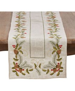 Saro Lifestyle Christmas Table Runner With Embroidered Pinecone And Holly Design