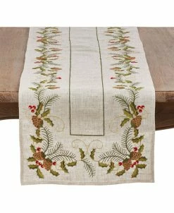 Saro Lifestyle Christmas Table Runner With Embroidered Pinecone And Holly Design