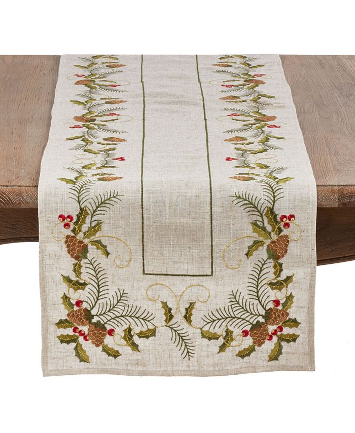 Saro Lifestyle Christmas Table Runner With Embroidered Pinecone And Holly Design 3 Saro Lifestyle Christmas Table Runner With Embroidered Pinecone And Holly Design