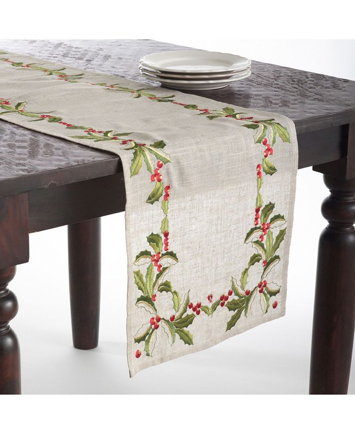 Embroidered Holly Design Holiday Linen Blend Table Runners Saro Lifestyle Embroidered Holly Design Holiday Linen Blend Table Runners -VilleroyBoch shop