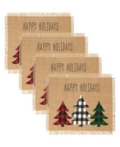 Elrene Farmhouse Living Holiday Plaid Christmas Tree Burlap Placemat, Set Of 4