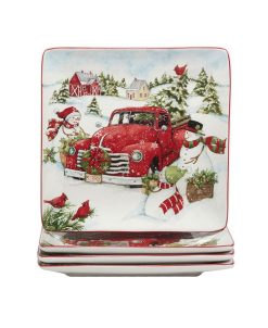Certified International Red Truck Snowman 4 Piece Dinner Plate Set