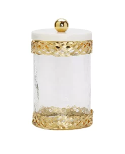 Classic Touch Glass Canister Lattice Design With Marble And Lid, 4.5 X 8.5